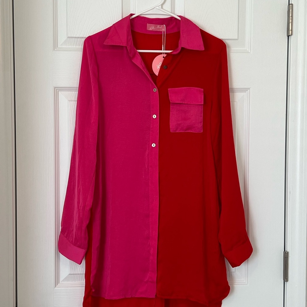 Vibrant Pink and Red Long Sleeve Button Down Blouse with Notched Collar